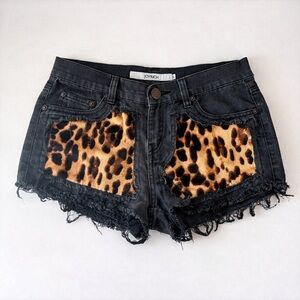 Black Denim Cheetah Print Patch Shorts